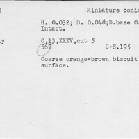 Index card with typed and handwritten information, sometimes including a sketch, of pottery from an excavation.