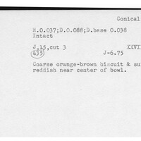 Index card with typed and handwritten information, sometimes including a sketch, of pottery from an excavation.