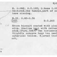 Index card with typed and handwritten information, sometimes including a sketch, of pottery from an excavation.