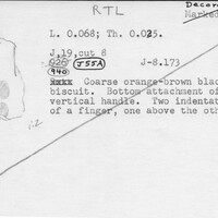 Index card with typed and handwritten information, sometimes including a sketch, of pottery from an excavation.