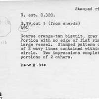 Index card with typed and handwritten information, sometimes including a sketch, of pottery from an excavation.