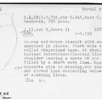 Index card with typed and handwritten information, sometimes including a sketch, of pottery from an excavation.