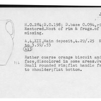 Index card with typed and handwritten information, sometimes including a sketch, of pottery from an excavation.