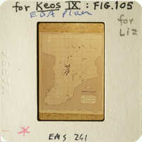 Map of an island with various locations marked, displayed on a vintage piece of paper with handwritten notes and labels.