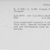 Index card with typed and handwritten information, sometimes including a sketch, of pottery from an excavation.