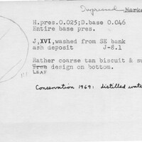 Index card with typed and handwritten information, sometimes including a sketch, of pottery from an excavation.