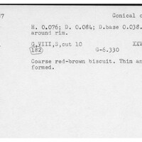 Index card with typed and handwritten information, sometimes including a sketch, of pottery from an excavation.