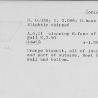 Index card with typed and handwritten information, sometimes including a sketch, of pottery from an excavation.