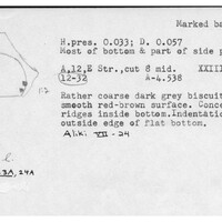 Index card with typed and handwritten information, sometimes including a sketch, of pottery from an excavation.