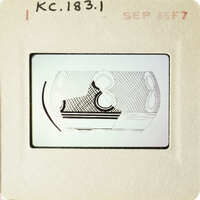 The image shows an old photograph with a stamp on it, depicting a scene with a person and a boat.