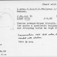 Index card with typed and handwritten information, sometimes including a sketch, of pottery from an excavation.