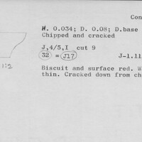 Index card with typed and handwritten information, sometimes including a sketch, of pottery from an excavation.