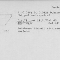 Index card with typed and handwritten information, sometimes including a sketch, of pottery from an excavation.