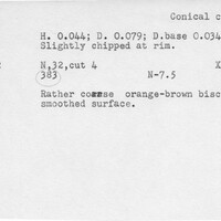 Index card with typed and handwritten information, sometimes including a sketch, of pottery from an excavation.