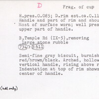 Index card with typed and handwritten information, sometimes including a sketch, of pottery from an excavation.