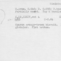 Index card with typed and handwritten information, sometimes including a sketch, of pottery from an excavation.