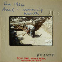 People working on excavation site, possibly removing health hazards from ruins.