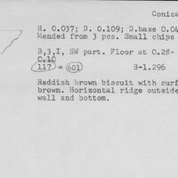 Index card with typed and handwritten information, sometimes including a sketch, of pottery from an excavation.