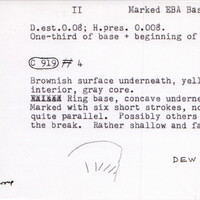 Index card with typed and handwritten information, sometimes including a sketch, of pottery from an excavation.