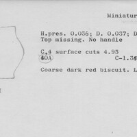 Index card with typed and handwritten information, sometimes including a sketch, of pottery from an excavation.