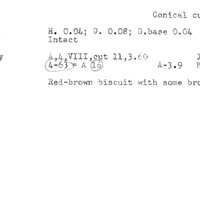 Index card with typed and handwritten information, sometimes including a sketch, of pottery from an excavation.