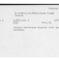 Index card with typed and handwritten information, sometimes including a sketch, of pottery from an excavation.