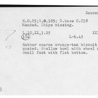 Index card with typed and handwritten information, sometimes including a sketch, of pottery from an excavation.