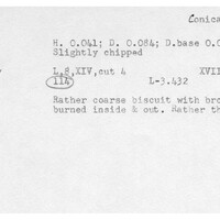 Index card with typed and handwritten information, sometimes including a sketch, of pottery from an excavation.