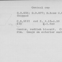 Index card with typed and handwritten information, sometimes including a sketch, of pottery from an excavation.