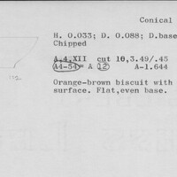 Index card with typed and handwritten information, sometimes including a sketch, of pottery from an excavation.