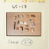 The image shows an assortment of small, irregularly shaped stones on a cardboard background.