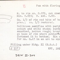 Index card with typed and handwritten information, sometimes including a sketch, of pottery from an excavation.