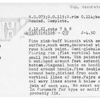 Index card with typed and handwritten information, sometimes including a sketch, of pottery from an excavation.