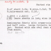 Index card with typed and handwritten information, sometimes including a sketch, of pottery from an excavation.