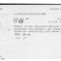Index card with typed and handwritten information, sometimes including a sketch, of pottery from an excavation.