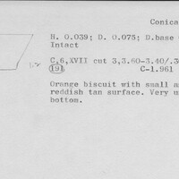 Index card with typed and handwritten information, sometimes including a sketch, of pottery from an excavation.