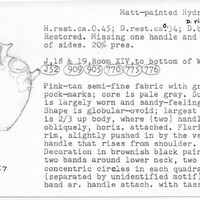 Index card with typed and handwritten information, sometimes including a sketch, of pottery from an excavation.