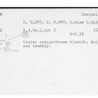 Index card with typed and handwritten information, sometimes including a sketch, of pottery from an excavation.
