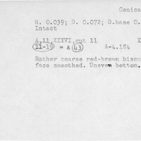 Index card with typed and handwritten information, sometimes including a sketch, of pottery from an excavation.