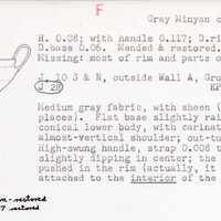 Index card with typed and handwritten information, sometimes including a sketch, of pottery from an excavation.