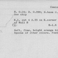 Index card with typed and handwritten information, sometimes including a sketch, of pottery from an excavation.