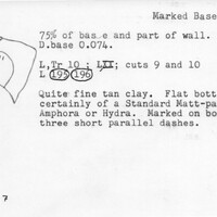 Index card with typed and handwritten information, sometimes including a sketch, of pottery from an excavation.