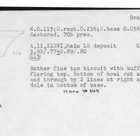Index card with typed and handwritten information, sometimes including a sketch, of pottery from an excavation.