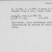 Index card with typed and handwritten information, sometimes including a sketch, of pottery from an excavation.