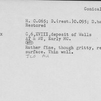 Index card with typed and handwritten information, sometimes including a sketch, of pottery from an excavation.