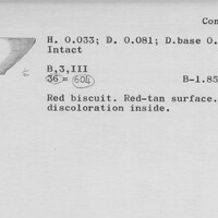Index card with typed and handwritten information, sometimes including a sketch, of pottery from an excavation.