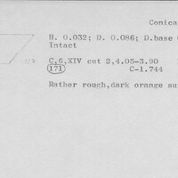 Index card with typed and handwritten information, sometimes including a sketch, of pottery from an excavation.
