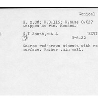 Index card with typed and handwritten information, sometimes including a sketch, of pottery from an excavation.