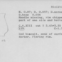 Index card with typed and handwritten information, sometimes including a sketch, of pottery from an excavation.