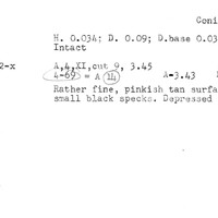 Index card with typed and handwritten information, sometimes including a sketch, of pottery from an excavation.